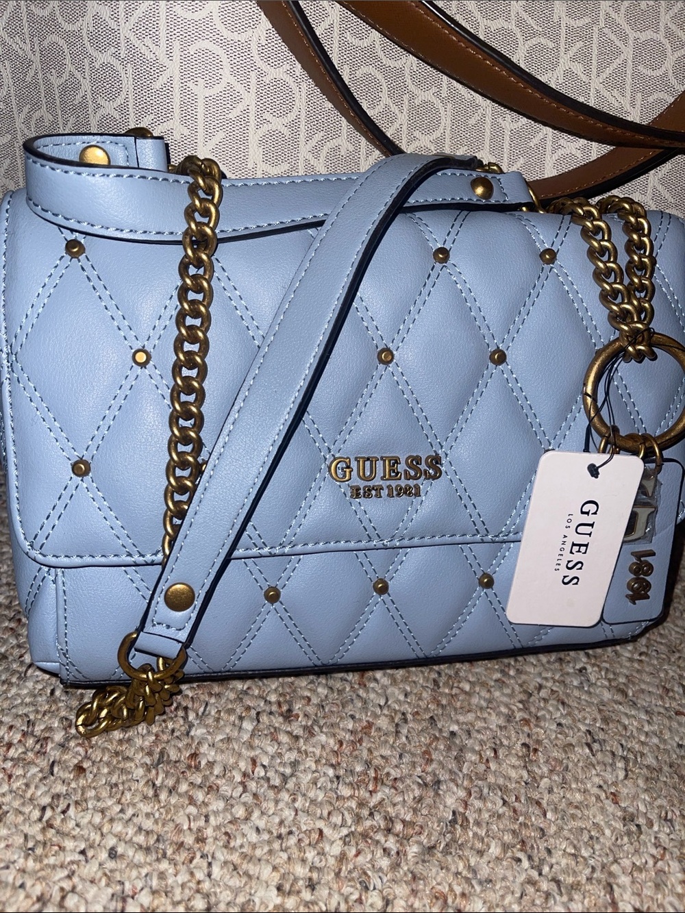 GUESS Light Blue Quilted Crossbody Bag with Gold Chain